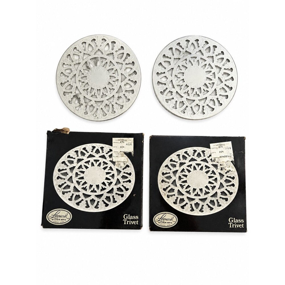 Vintage Leonard Silver Glass Trivet Set 2 No 876 Open Box Silver Plated